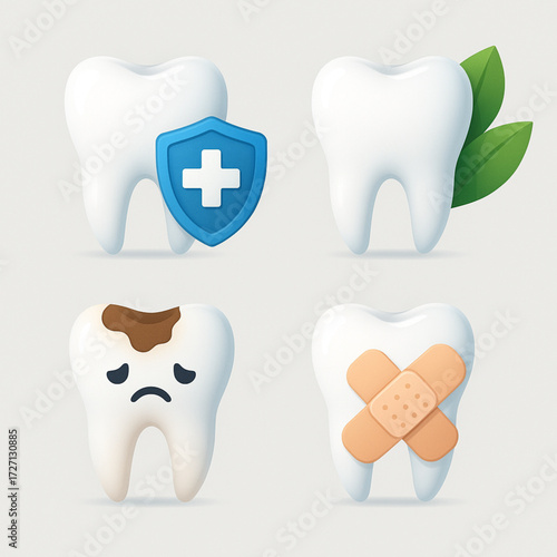Dental 3D Icons Vector Set – Tooth Conditions with Medical Shield, Health, and Sick Tooth Illustrations