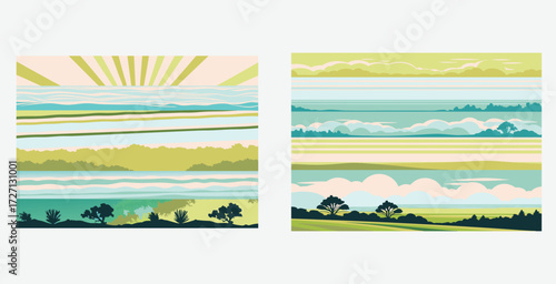 Serene collage capturing the soft beauty of trees layered lines and sky gradients vector art design