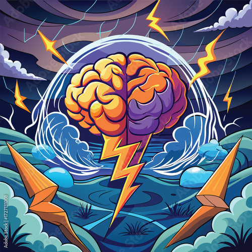 Dynamic imagery depicting a human brain caught in a powerful lightning storm. Represents a surge of creativity inspiration and intense thought processes. Evokes mental energy and breakthroughs.