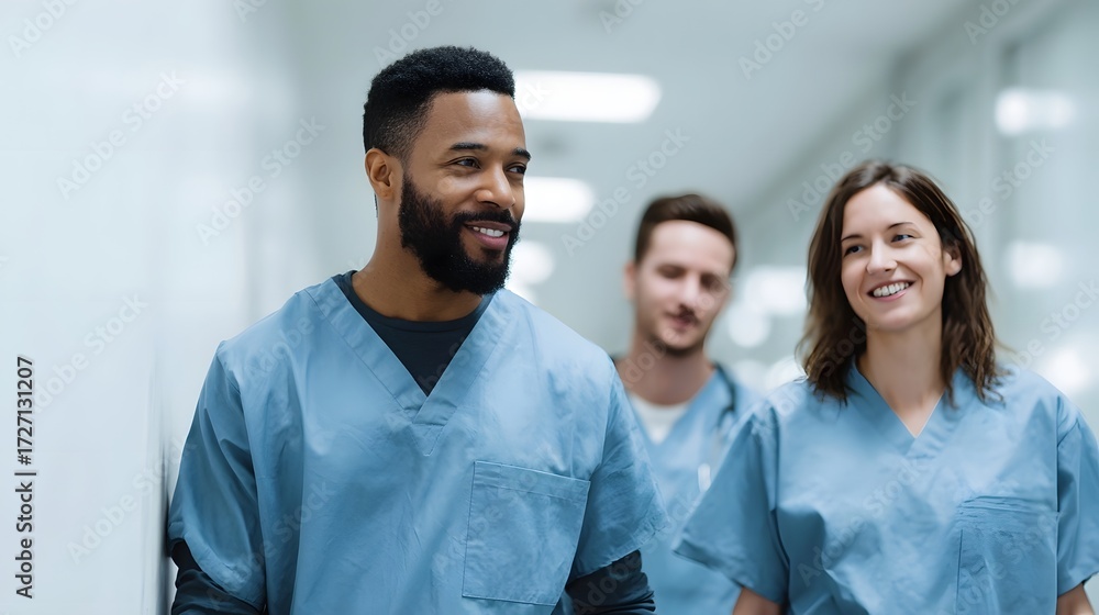 Obraz premium A diverse medical team walks confidently down a brightly lit hospital corridor sharing smiles