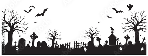 A spooky Halloween graveyard scene with silhouetted bare trees, tombstones, crosses, bats, and a ghost against a white background.