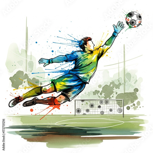 Watercolor Soccer Goalkeeper – Abstract Jumping Save Illustration with Colorful Splashes
