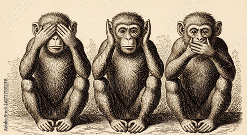 Three Wise Monkeys Vintage Engraving – See No Evil, Hear No Evil, Speak No Evil