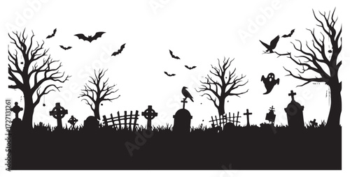 Spooky Halloween graveyard silhouette with bare trees, tombstones, flying bats, and a ghost.