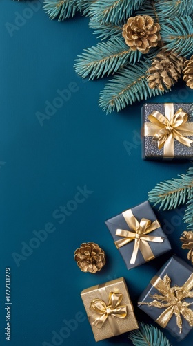 Decorative Holiday Gifts With Pine Branches on a Dark Blue Background