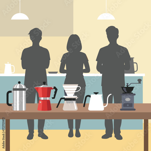 Coffee Brewing A Guide to Different Methods and Tools with Silhouetted Figures
