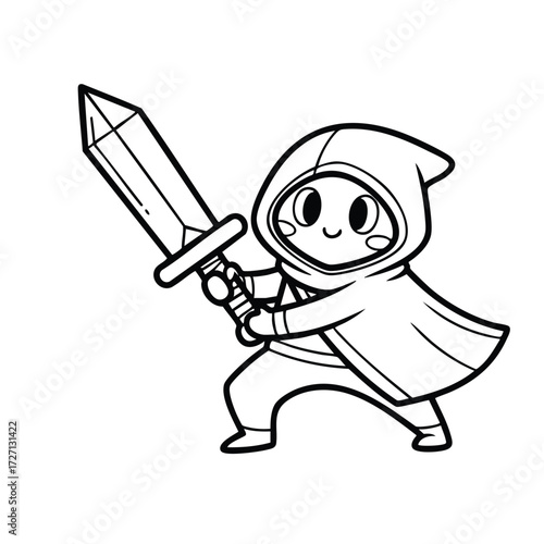 A cheerful character in a hooded cloak brandishing a large sword, ready for adventure and excitement ahead.