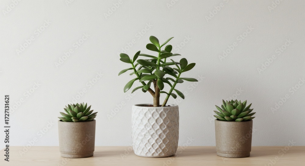 Fototapeta premium Three Pots Jade Succulents On Wooden Table Against White Wall.