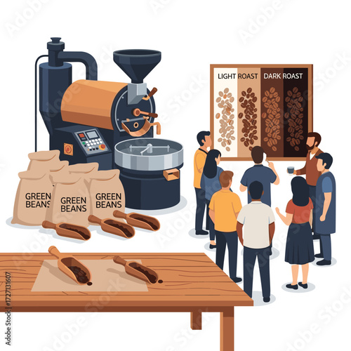 Instructor explaining the coffee roasting process and different bean roast levels to a diverse group during a workshop