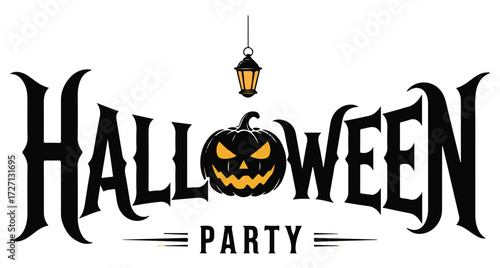Halloween Party text with a carved pumpkin and a lantern illustration.