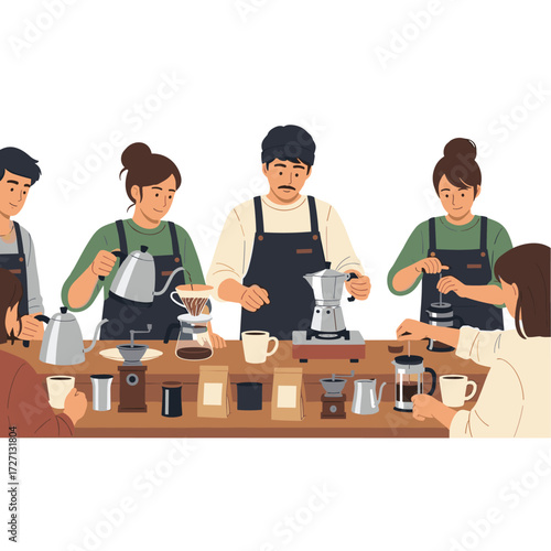 Barista training class where an instructor teaches a group of people different coffee brewing techniques