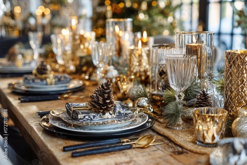 Elegant Holiday Dinner Setting With Candles and Festive Decorations in a Cozy...