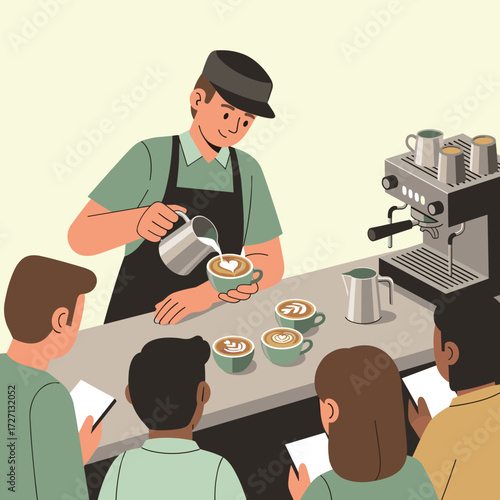 Barista pouring milk into a latte while customers wait in line at a coffee shop