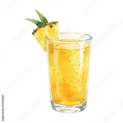 Watercolor Pineapple Juice Glass with Fruit Slice Isolated on White Background, Tropical Summer Drink Vector Illustration