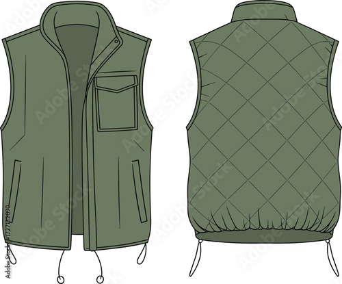 Olive green quilted sleeveless utility vest front and back view, outdoor fashion apparel design, casual men’s clothing, isolated vector illustration