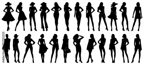 Silhouettes of female model in stylish poses vector illustration
