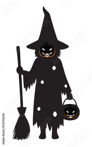Silhouette of a child witch holding a broom and a pumpkin bucket, Halloween themed.