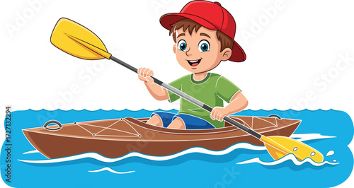 Cartoon child kayaking with paddle in blue water, cheerful outdoor adventure scene, vector illustration for kids, sports, recreation, and nature content