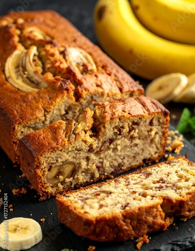 Sliced banana bread on slate