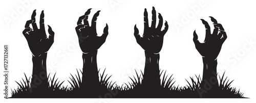Four black silhouettes of zombie hands and arms rising from a grassy grave on a white background.