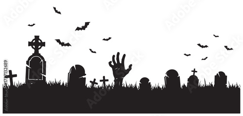 A spooky Halloween graveyard scene with tombstones, a rising zombie hand, and bats flying in the night sky.