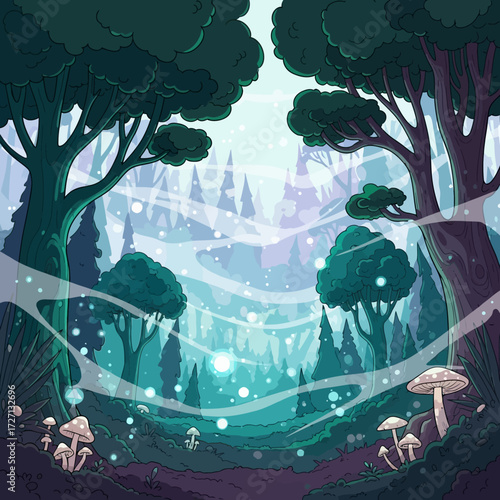 Enchanting forest landscape with ethereal glow and whimsical mushrooms, ideal for fantasy themes or magical storybooks, inviting viewers into a dreamy world
