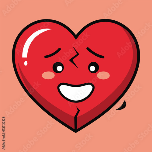 A charming, anthropomorphic broken heart character displays a wide, happy smile and rosy cheeks, despite its cracked form. This cheerful emoji design evokes resilience and optimism in love.