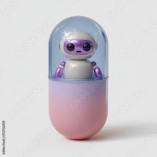 Cute robot inside a capsule with pink and purple gradient