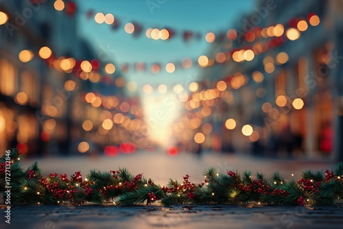 Holiday Decorations Light up a Festive Street During the Evening in a Bustlin...