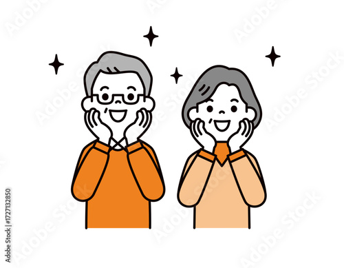 頬に手を当てて感心する、60代・70代の夫婦のシンプルな上半身ベクターイラスト素材