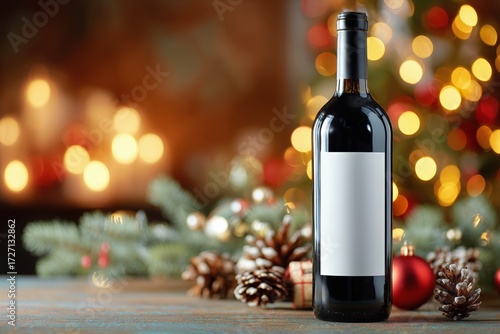Elegant Red Wine Bottle Stands out Against Festive Lights and Decorations.