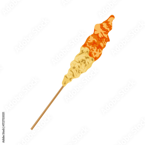 Colorful vector illustration of Indonesian egg roll on stick, traditional street food snack in realistic vibrant design.