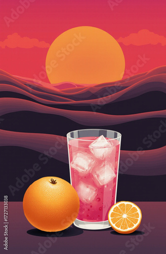Refreshing orange drink with sunset background