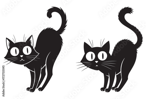 Two cartoon black cats with wide eyes and arched backs, in a spooky or startled pose, isolated on a white background.