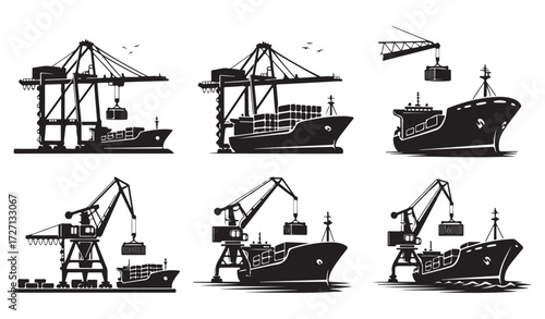 Black and white illustrations of cargo ships being loaded and unloaded at a port.
