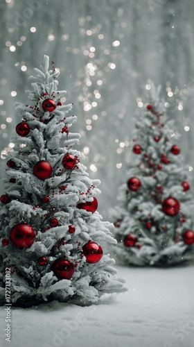 Beautifully Decorated Christmas Trees With Red Ornaments Shining in Winter Light