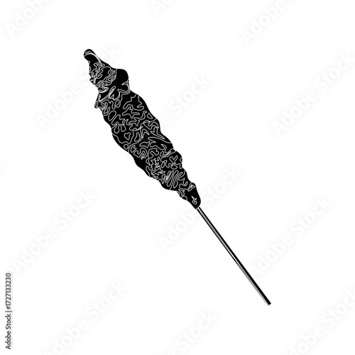 Black fill vector illustration of egg roll on stick, bold silhouette style suitable for logo, emblem, or food packaging design.
