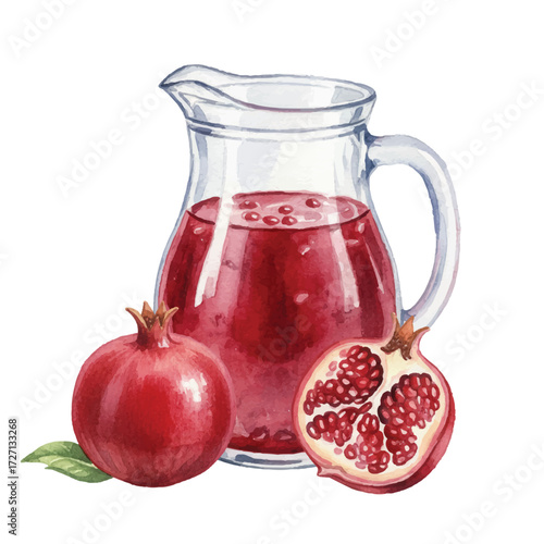 Watercolor Pomegranate Juice Pitcher with Fresh Fruit Isolated on White Background, Healthy Red Drink Vector Illustration