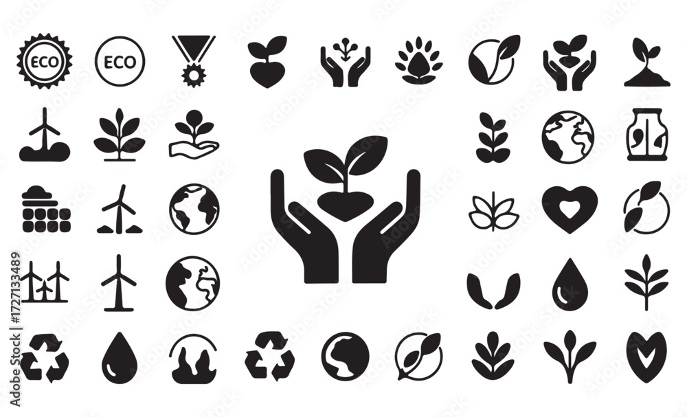 Obraz premium Collection of various eco-friendly and environmental protection icons, symbols, and illustrations.