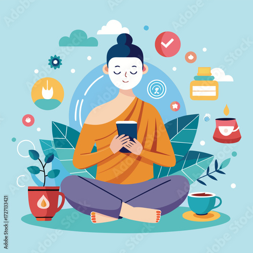 A serene woman meditates, embracing a smartphone and spa products, symbolizing a modern self-care routine focused on inner peace and mental well-being.