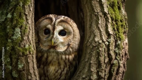 Tawny Owl Hiding in a Tree Hollow - A Glimpse into Natures Secrets.