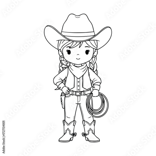 A cheerful young cowgirl stands confidently with a rope in her hand, showcasing her adventurous spirit and style.
