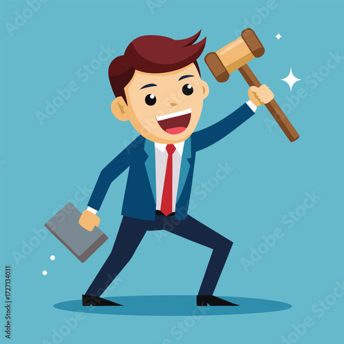 A cheerful businessman in a suit raises a gavel and document, celebrating a successful deal or auction. This image conveys achievement and victory in business transactions.