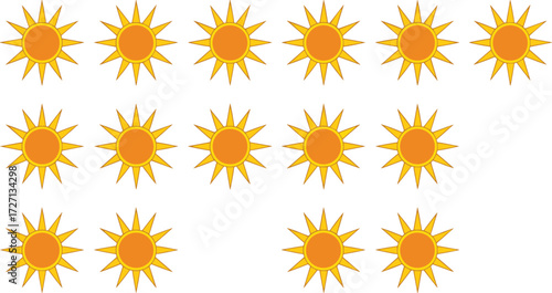 Sun Icons with Increasing Rays Vector Illustration for Educational Use, Pattern Recognition, Arithmetic Progression, Design Elements, and Visual Learning Concepts