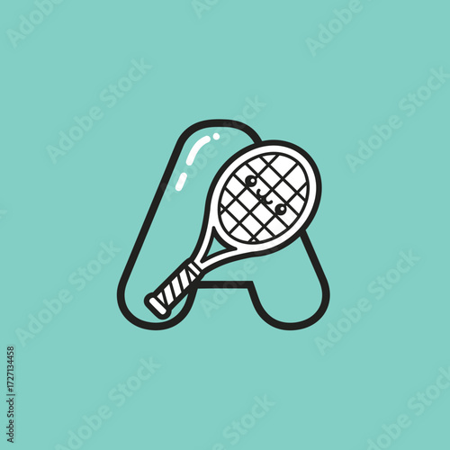 Cartoon tennis racket leaning against the letter A on a teal background.