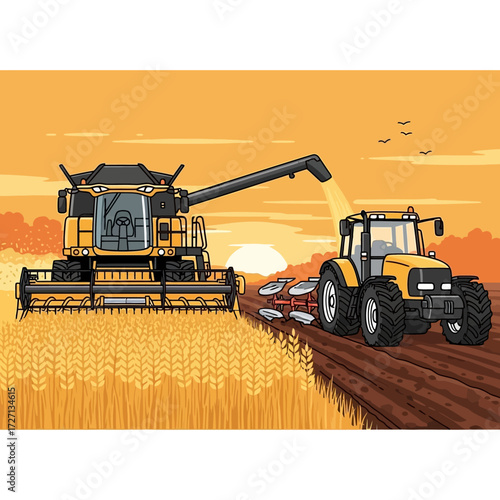 Golden harvest season unfolds as combine harvester gathers wheat while tractor plows fertile soil under a warm, vibrant sunset sky