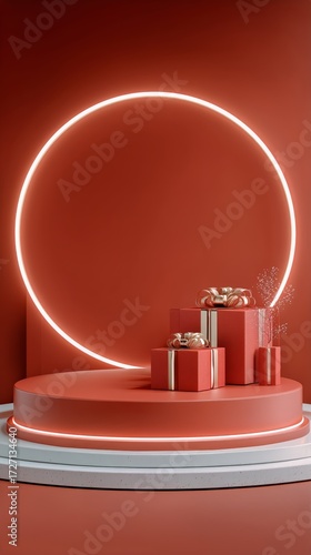 Creative Red Stage Design With Geometric Shapes and Circular Lights for Moder...