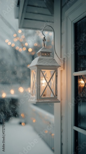 Light Shines From a Lantern in Snowy Weather During a Cozy Winter Evening