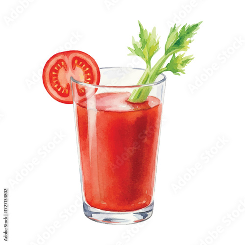 Watercolor Tomato Juice Glass with Celery and Slice Isolated on White Background, Fresh Vegetable Drink Vector Illustration