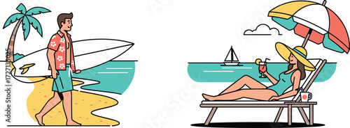 Cartoon Lifestyle Icons Featuring Surfing and Sunbathing on Tropical Beach, Joyful Mood, Summer Theme, and Leisure Scene by Sea